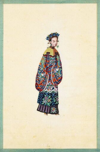 Page d'un album de peinture d’exportation figurant des personnages chinois