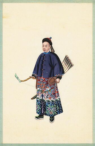 Page d'un album de peinture d’exportation figurant des personnages chinois