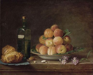 Still life with peaches and brioche