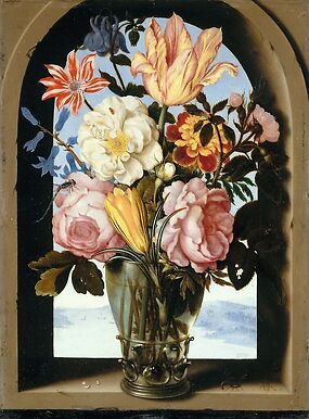 Bouquet of flowers in a stone frame opening onto a landscape