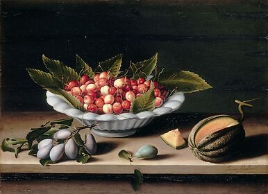 Coupe de cerises, prunes et melon