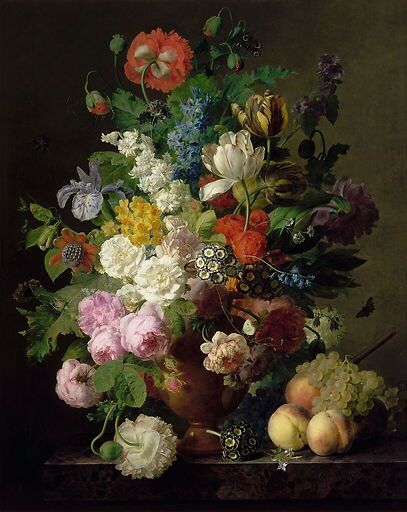 Vase of Flowers, Grapes and Peaches