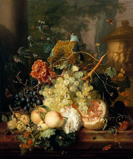 Fruits and flowers near a vase decorated with cherubs.