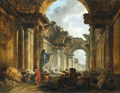 Vue imaginaire de la grande galerie du Louvre en ruines