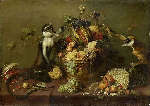 Two monkeys looting a fruit basket