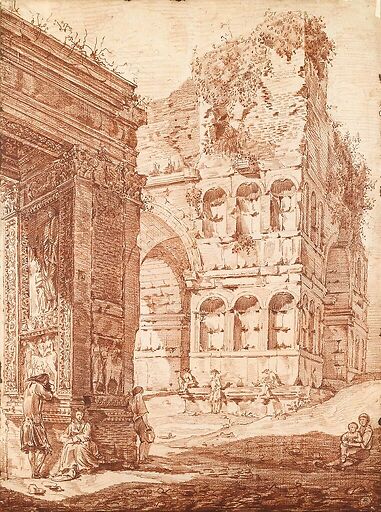 Several people among ancient ruins