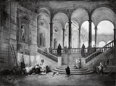 Large staircase of a palace with washerwomen