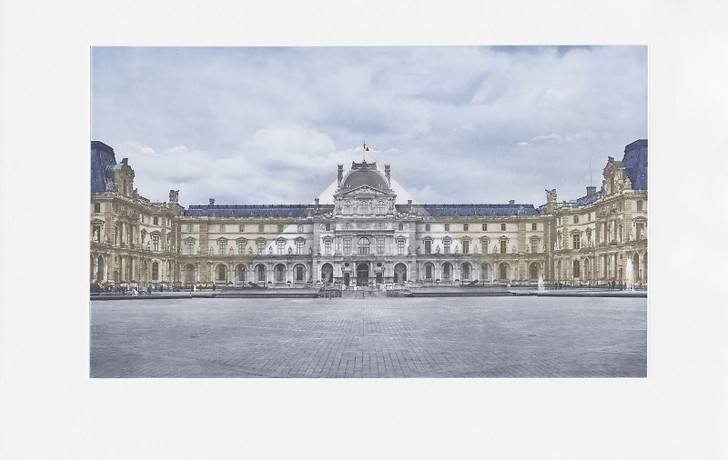 Engraving The Louvre revisited by JR, June 20, 2016 © Pyramide, architect I.M. Pei, Louvre Museum, Paris, France (Colored)