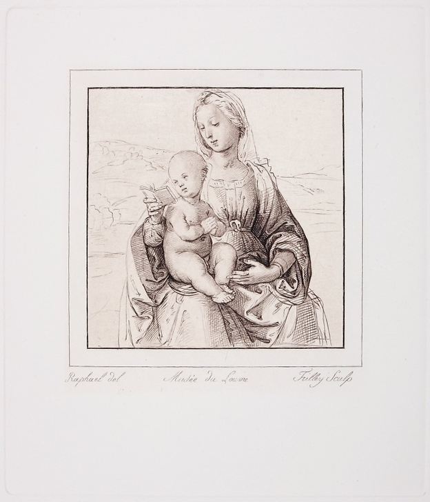 Vierge à l'enfant, assise, qui lit dans un paysage - Raphaël