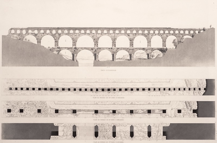 Gard bridge: western façade and plans of the three rows of arcades