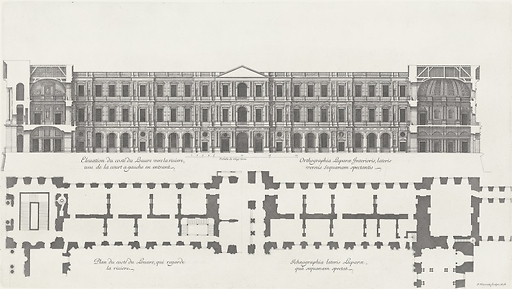 Plan et élévation du côté du Louvre qui regarde la rivière, vue de la cour à gauche en entrant - Jean Marot