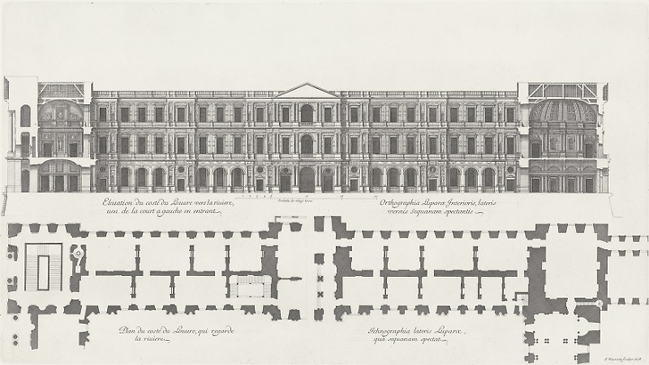 Plan et élévation du côté du Louvre qui regarde la rivière, vue de la cour à gauche en entrant - Jean Marot