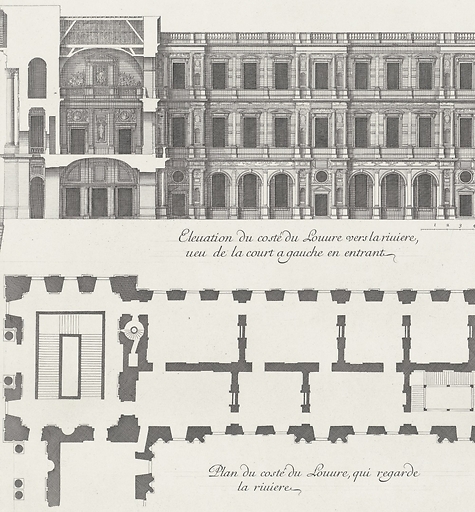 Plan et élévation du côté du Louvre qui regarde la rivière, vue de la cour à gauche en entrant - Jean Marot