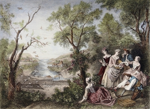 Engraving Spring or The Birdcatcher - Nicolas Lancret (Colored)