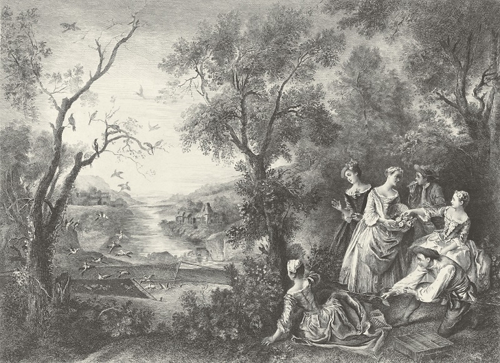 Le printemps ou L'oiseleur - Nicolas Lancret (Noir & Blanc)