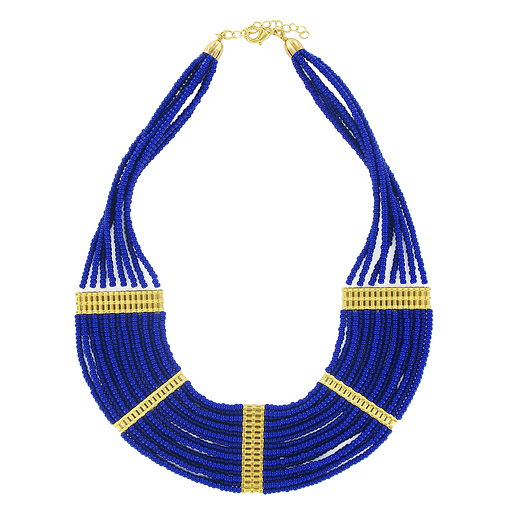 COLLIER PLASTRON PERLES BLEUES COULEUR EGYPTE