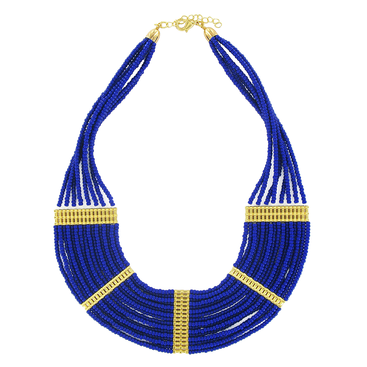 COLLIER PLASTRON PERLES BLEUES COULEUR EGYPTE