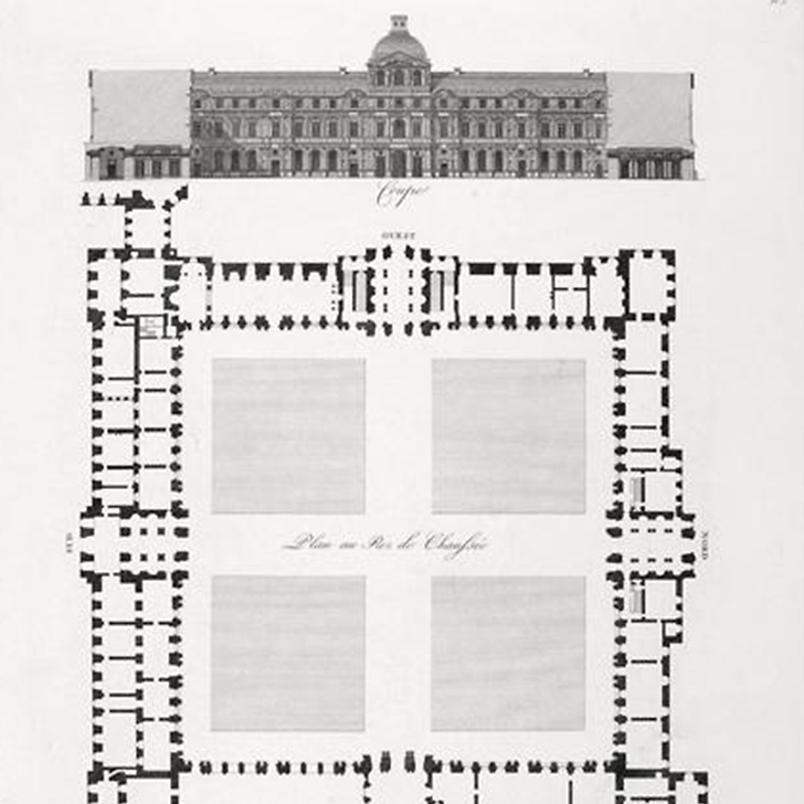 Plan, elevation and section of the Louvre