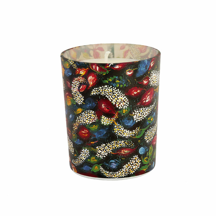 Bougie parfumée en verre 185g. Séraphine de Senlis - Fleurs ou Grand bouquet au vase noir et fond bleu