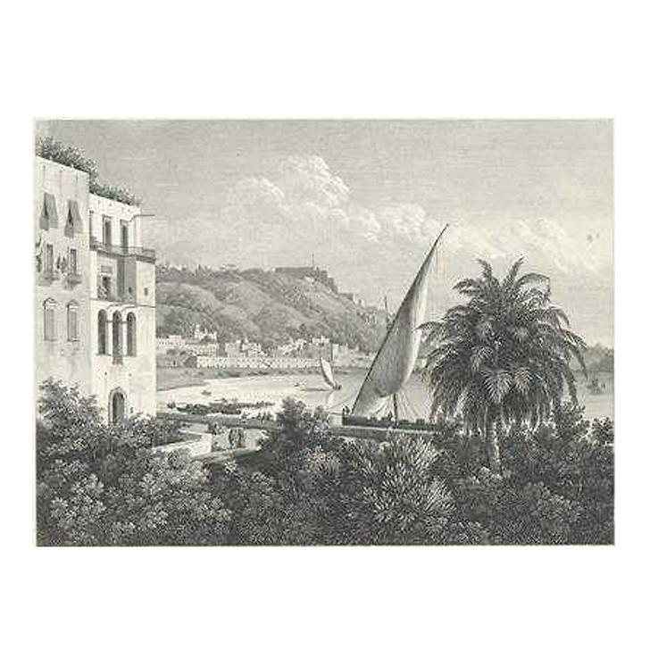 Engraving The port of Mergellina, Naples, side of the Pausylippe