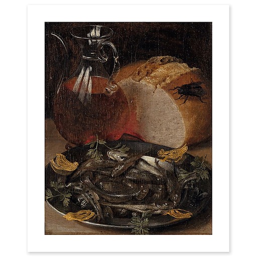 Nature morte au flacon de vin et aux poissons (affiches d'art)