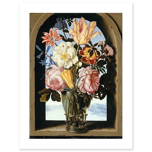 Bouquet de fleurs dans une armature de pierre s'ouvrant sur un paysage (affiches d'art)