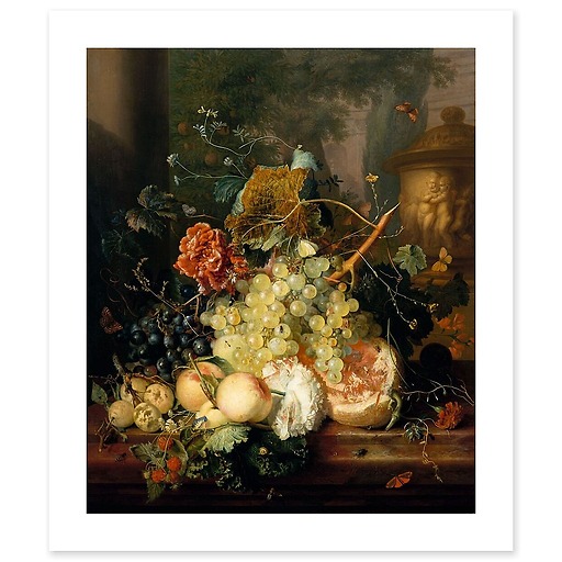 Fruits and flowers near a vase decorated with cherubs. (canvas without frame)