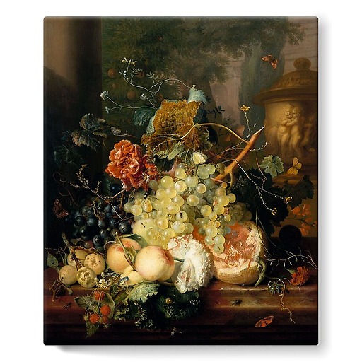 Fruits and flowers near a vase decorated with cherubs. (stretched canvas)