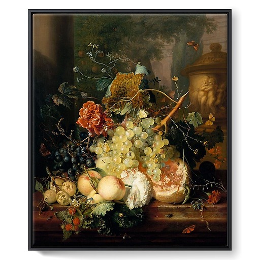 Fruits and flowers near a vase decorated with cherubs. (framed canvas)