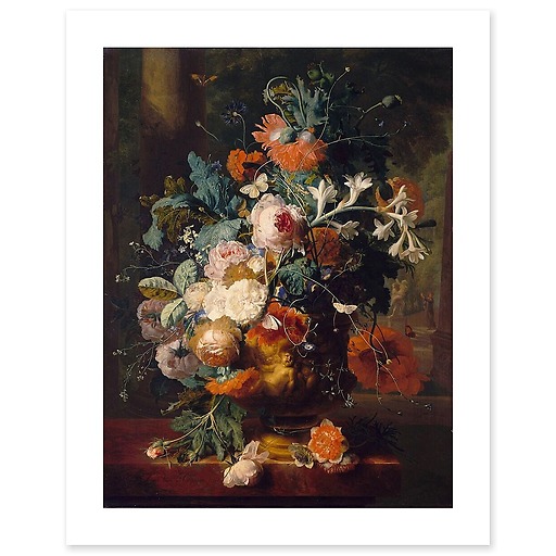 Vase de fleurs sur fond de parc avec statue (affiches d'art)