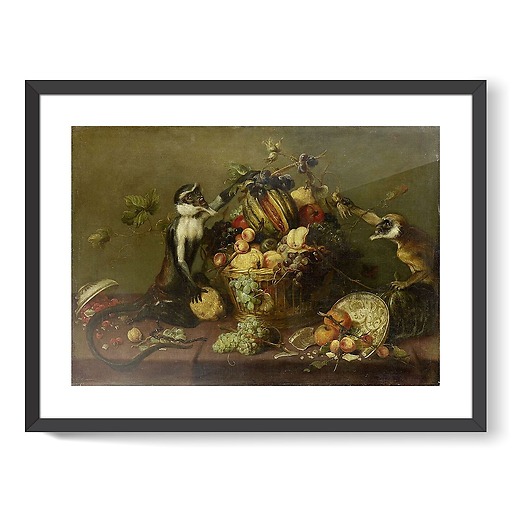 Two monkeys looting a fruit basket (framed art prints)