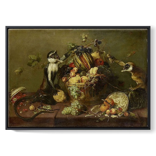 Two monkeys looting a fruit basket (framed canvas)