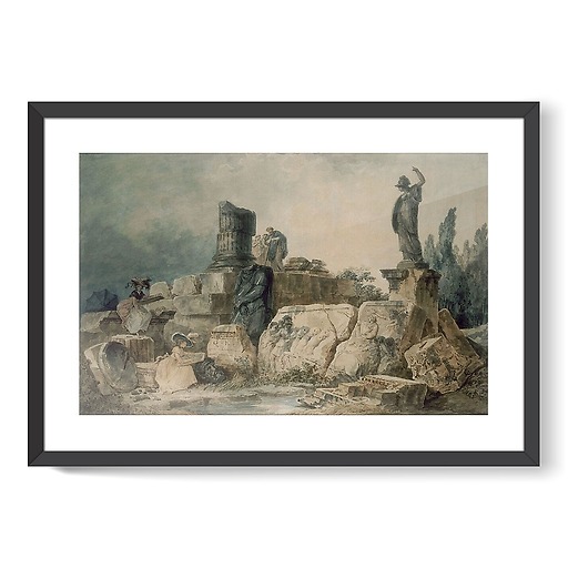 Two young women drawing in an ancient ruin site (framed art prints)