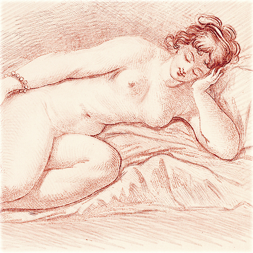 Naked woman lying on her side, leaning her face on her hand