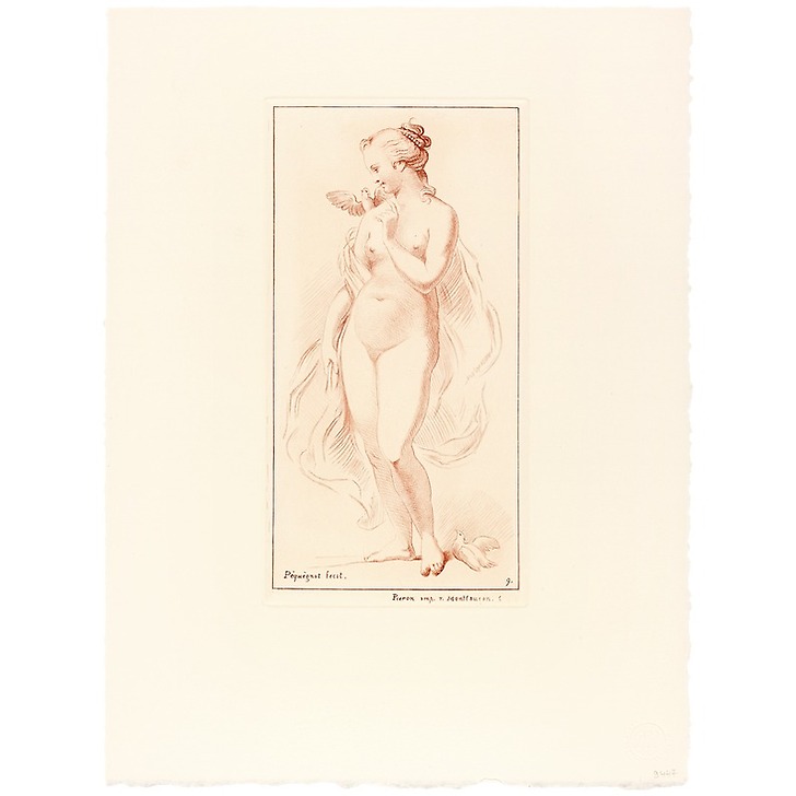 Standing naked woman with a dove on her shoulder