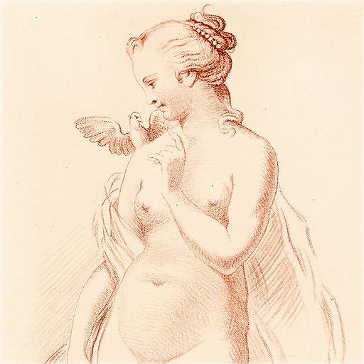 Standing naked woman with a dove on her shoulder