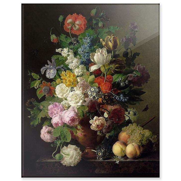 Vase de fleurs, raisins et pêches (panneaux acryliques)