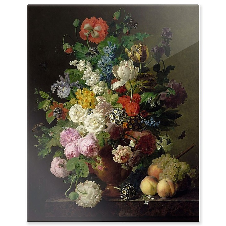 Vase de fleurs, raisins et pêches (panneaux aluminium)