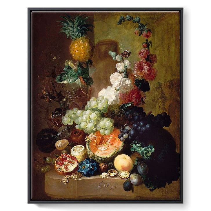 Fleurs et fruits sur une corniche de pierre (toiles encadrées)